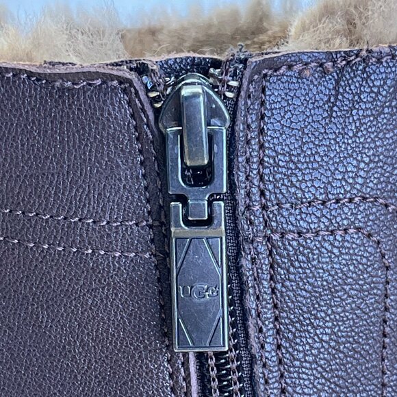 UGG Ingrid Women’s Brown Leather & Real Fur Lining Side Zipper Heeled Boots Sz 7 - Picture 9 of 11